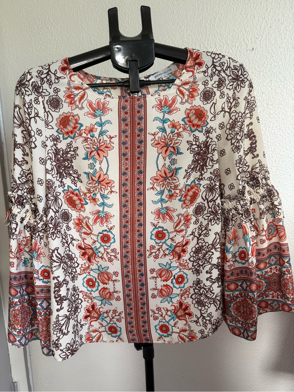 Rose & Olive Cream Floral Border Bell Sleeve Blouse with Coral & Teal Accents